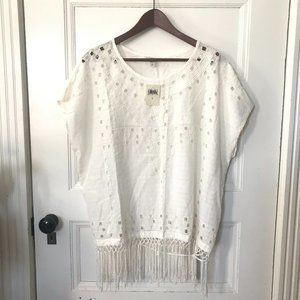 Lucky Brand Ivory Cotton Blend Eyelet Fringed Top